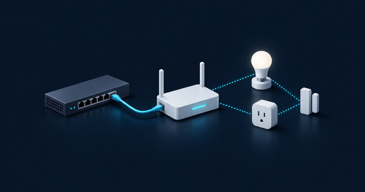 Network switch cabled to a white border router whose dotted mesh links connect a smart bulb, smart plug, and door sensor on a dark navy backdrop